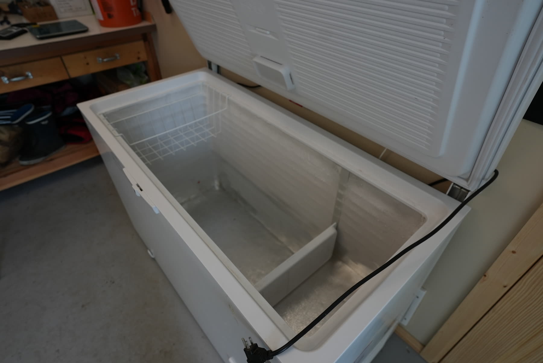 Open chest freezer in the fish station